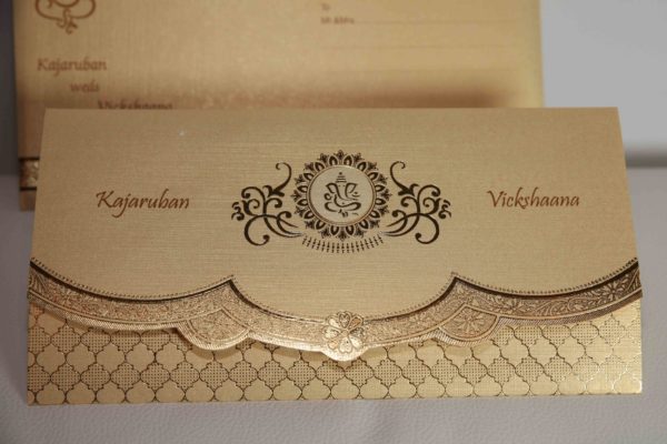 Golden Cream Broach Hindu wedding invitation