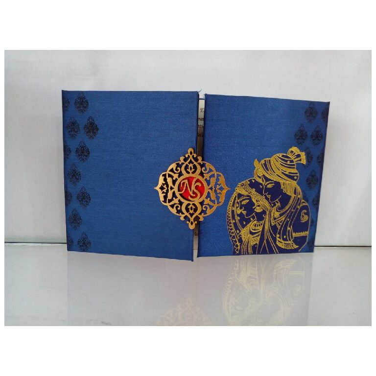 Blue Door Open Satin Raja Rani Wedding Invitation